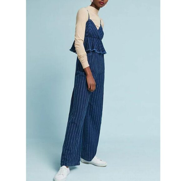Anthropologie Denim Jumpsuit Womens Blue Sleeveless Peplum Ruffled Striped Long - Picture 8 of 9